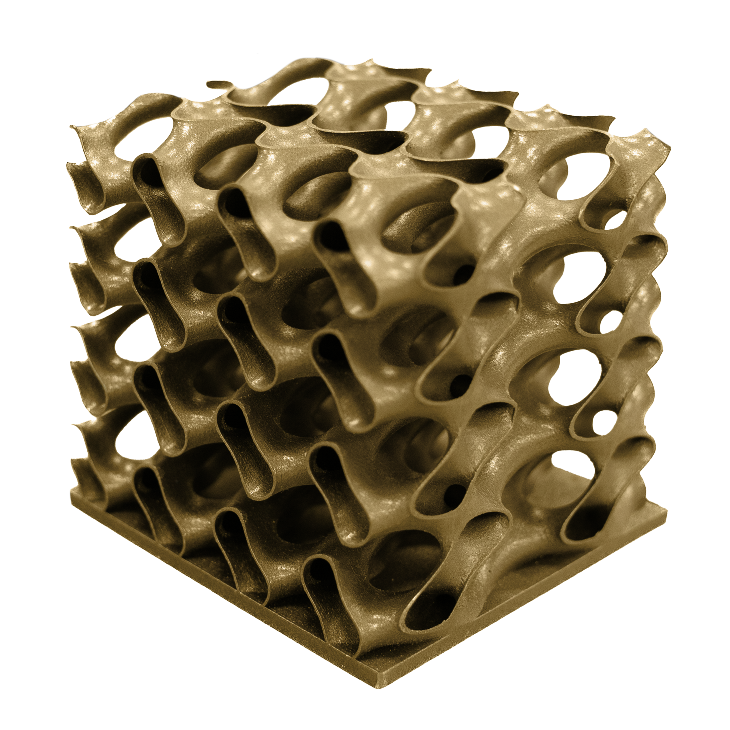 Struttura giroide in ottone stampata in 3D con scritta PROTIQ